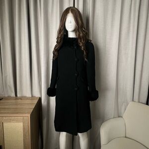 Vintage 1960's Textured Black Wool Coat with Faux Fur Collar and Cuffs